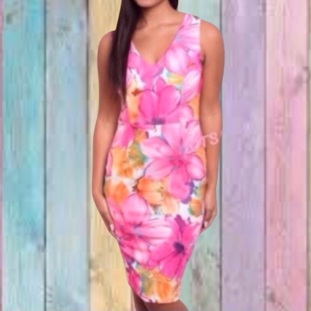 Ovi Fuchsia Pink Yellow Floral Print Sleeveless Sheath Lined Dress NWOT